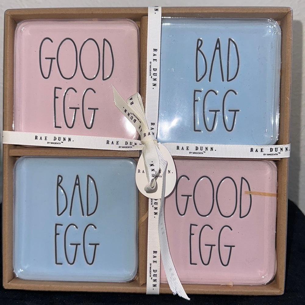 Rae Dunn by Magenta Pink Good Egg Blue Bad Egg Easter Ceramic Coasters Set Of 4
